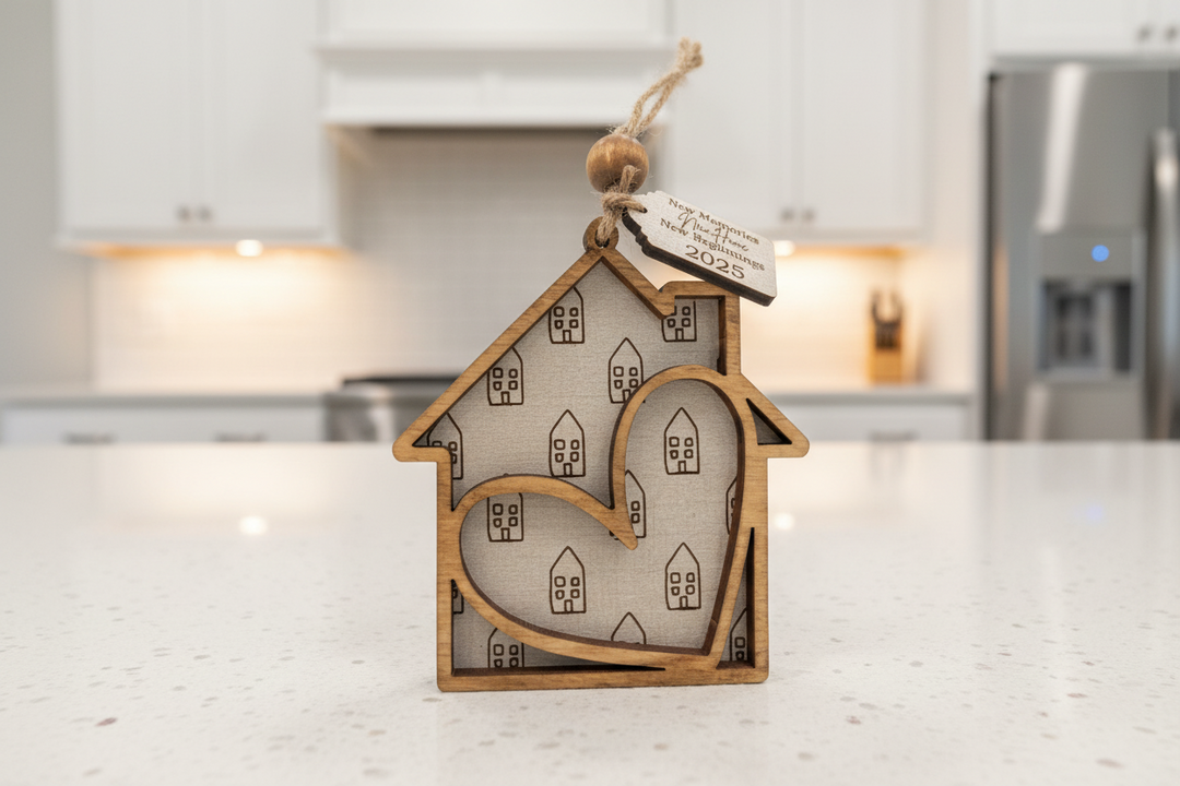 Close-up of personalized wooden house ornament engraved with New Home New Memories message for real estate closing and realtor client appreciation gift
