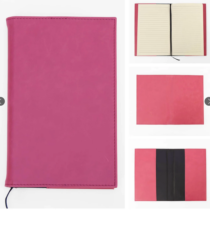 Pink leatherette journal with front cover open pages and interior pockets shown personalized engraved notebook for gifts and everyday use