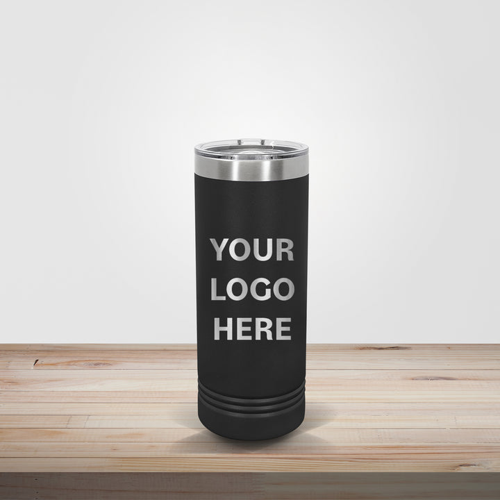 Black Polar Camel 22oz skinny tumbler with custom logo engraving for corporate branding, promotional gifts, and client appreciation