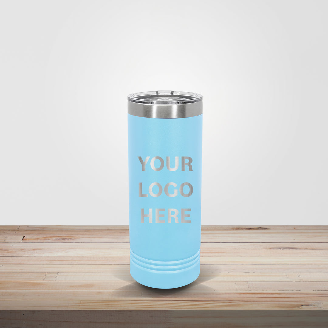 Light blue Polar Camel 22oz skinny tumbler customized for youth sports teams and school logo drinkware