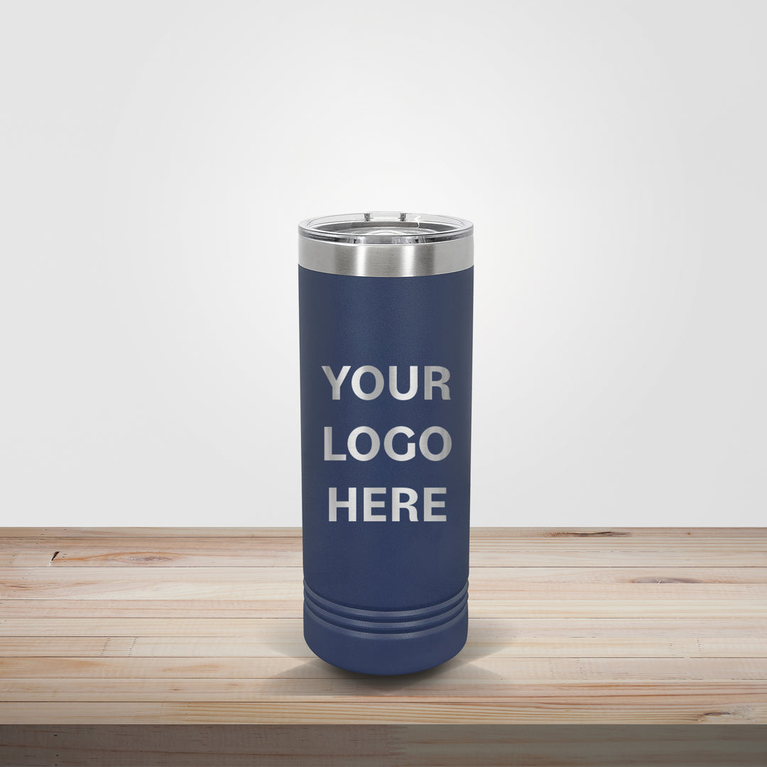 Navy Polar Camel 22oz skinny tumbler personalized for groomsmen gifts and custom business branding