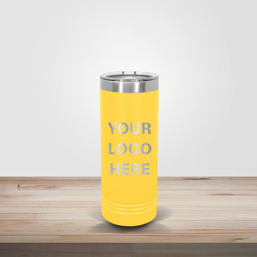 Yellow Polar Camel 22oz skinny tumbler customized for team spirit, school branding, and marketing giveaways