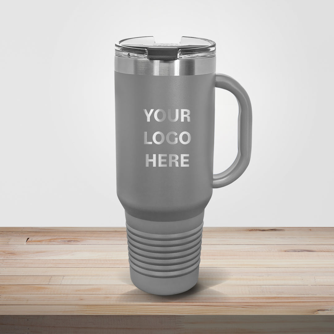 Gray Polar Camel 40oz travel mug personalized with company logo for professional branding and business gifts