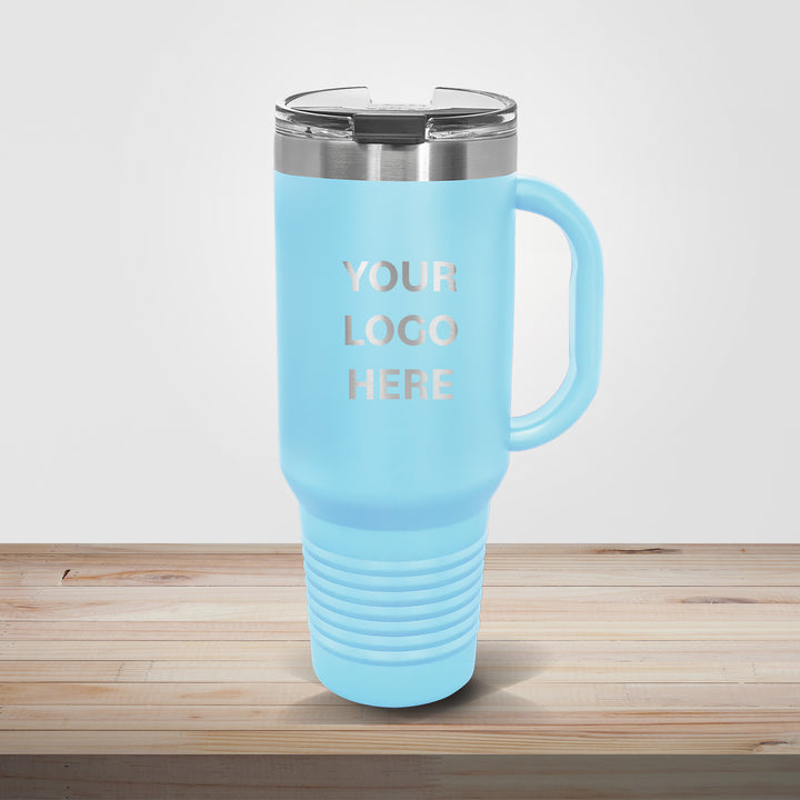 Light blue Polar Camel 40oz travel mug customized for youth sports teams and school