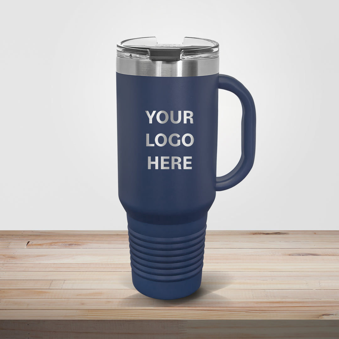 Navy Polar Camel 40oz travel mug personalized for groomsmen gifts and custom business branding