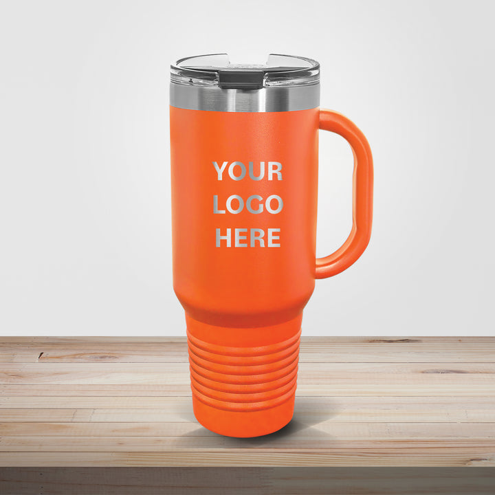 Orange Polar Camel 40oz travel mug customized for athletic events, team gifts, and promotional branding