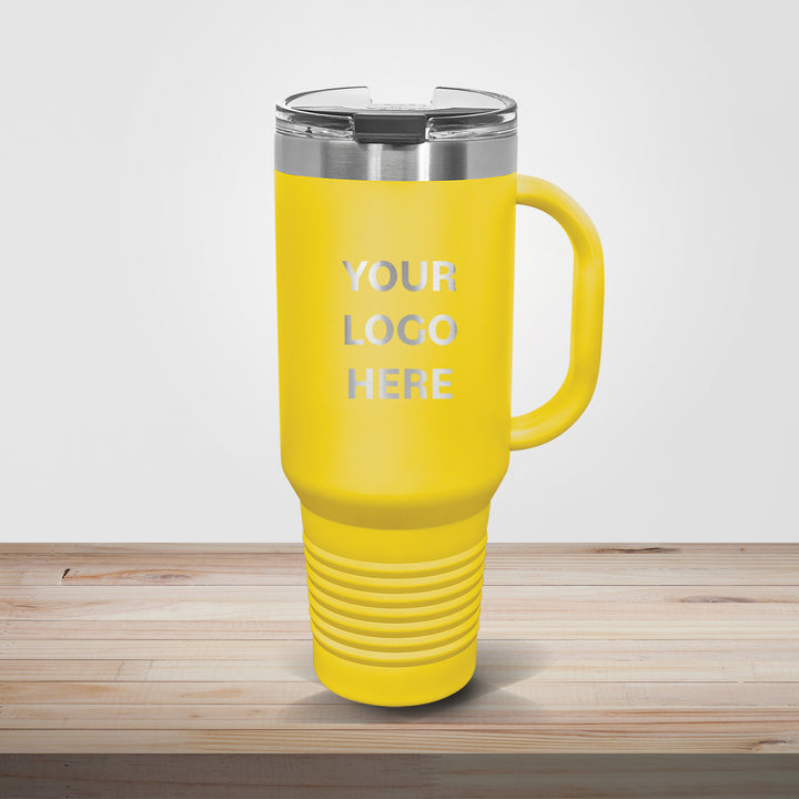 Yellow Polar Camel 40oz travel mug customized for team spirit, school branding, and marketing giveaways