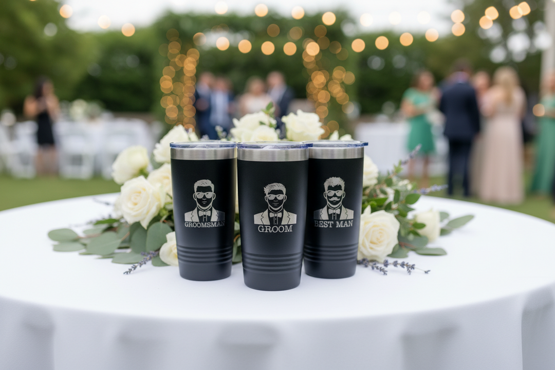 Laser engraved Polar Camel groomsmen tumblers with custom dude portrait design for groom best man and groomsman wedding party gifts