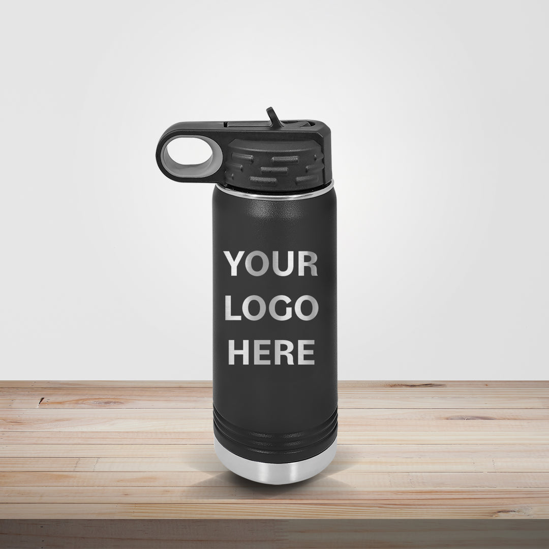 Black Polar Camel insulated stainless steel water bottle with custom logo engraving for corporate branding, client gifts, and promotional use, available in 20oz, 32oz, and 40oz