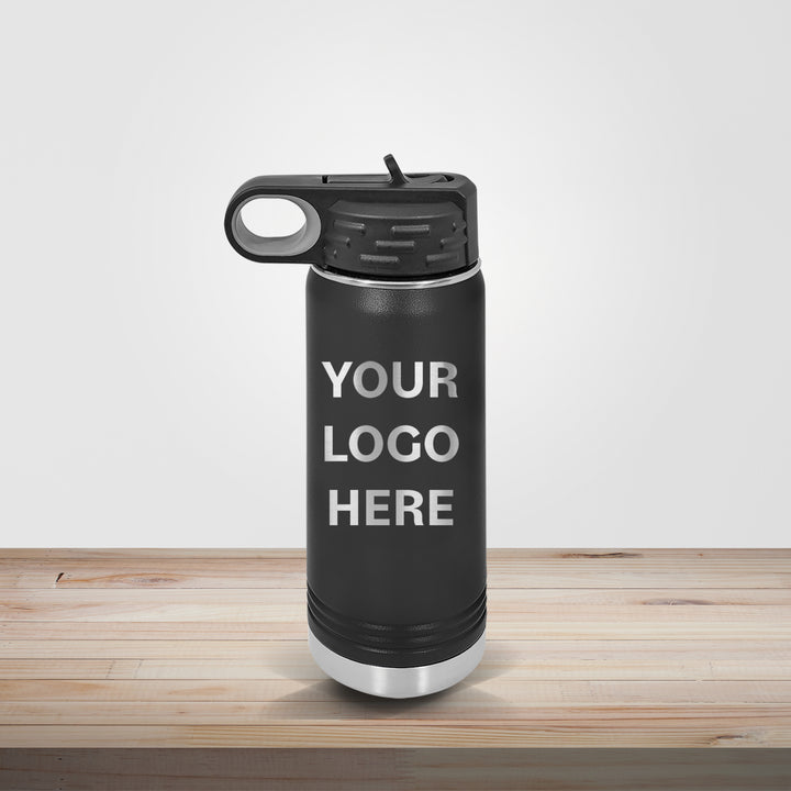 Black Polar Camel insulated stainless steel water bottle with custom logo engraving for corporate branding, client gifts, and promotional use, available in 20oz, 32oz, and 40oz