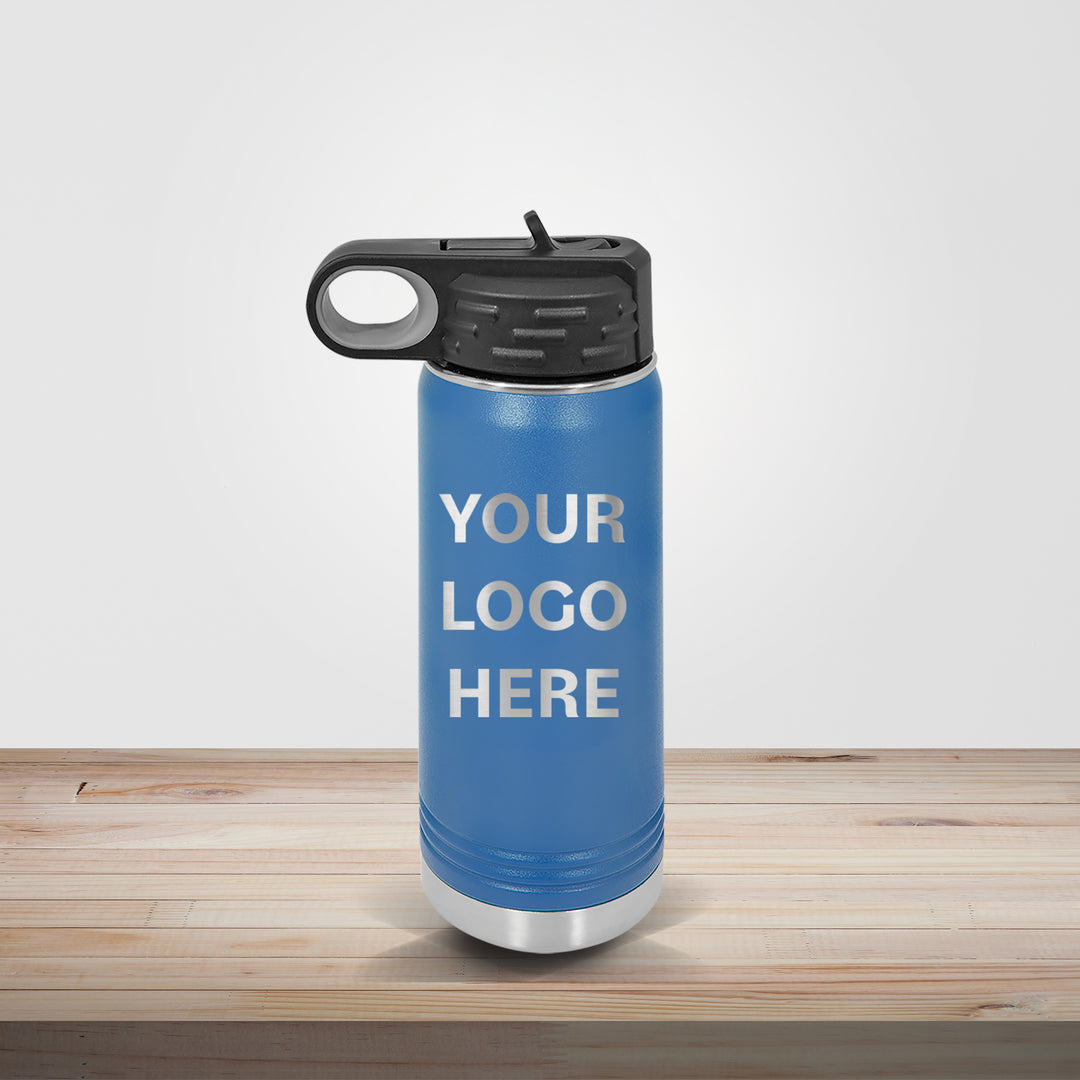 Blue Polar Camel insulated stainless steel water bottle customized for sports teams, coaches, and athletic gifts with logo engraving, available in 20oz, 32oz, and 40oz