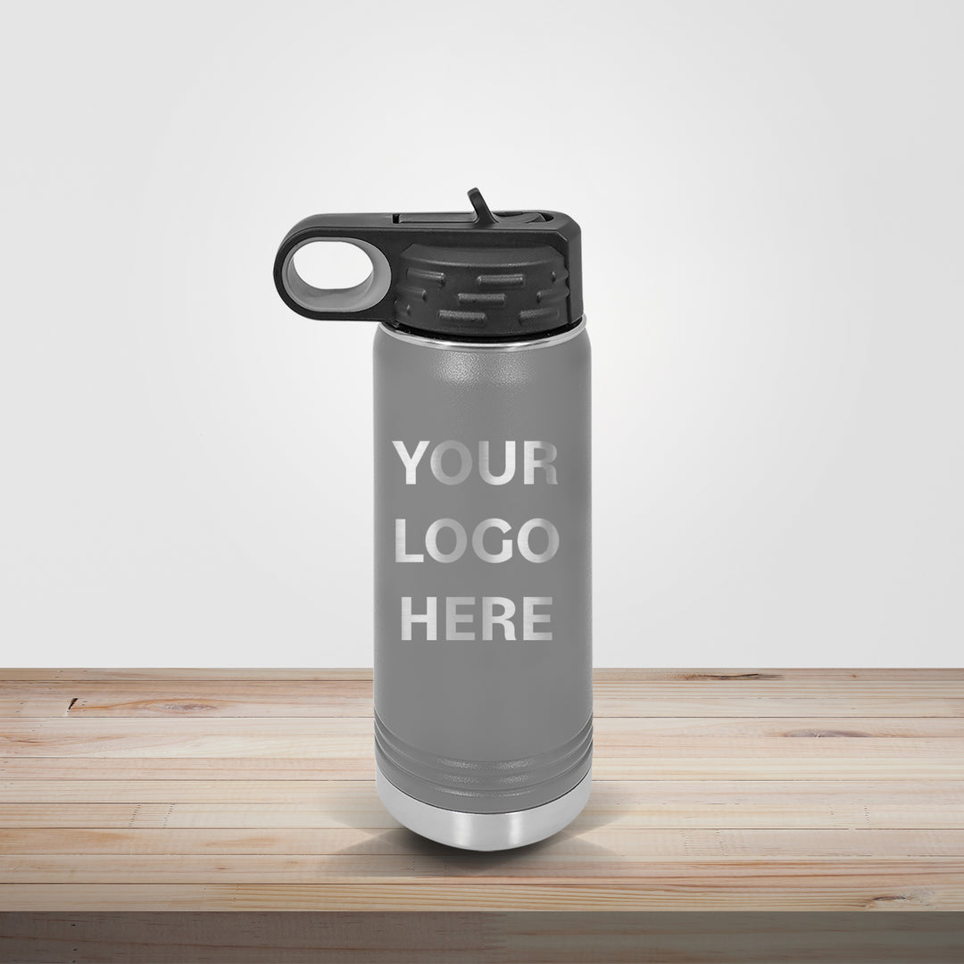 Gray Polar Camel insulated stainless steel water bottle personalized with company logo for business branding and professional gifts, available in 20oz, 32oz, and 40oz