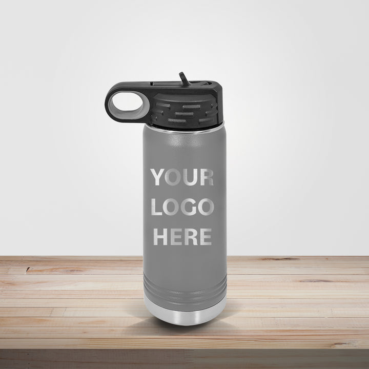 Gray Polar Camel insulated stainless steel water bottle personalized with company logo for business branding and professional gifts, available in 20oz, 32oz, and 40oz