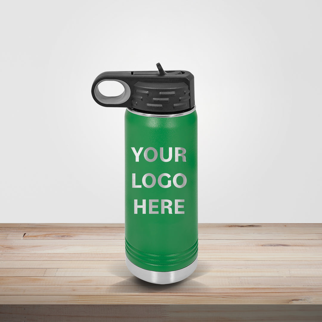 Green Polar Camel insulated stainless steel water bottle customized for sports teams and corporate giveaways with logo engraving, available in 20oz, 32oz, and 40oz