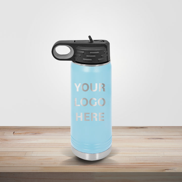 Light blue Polar Camel insulated stainless steel water bottle customized for youth sports teams and school logo branding, available in 20oz, 32oz, and 40oz
