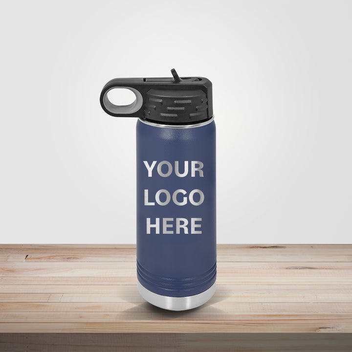 Navy Polar Camel insulated stainless steel water bottle personalized for groomsmen gifts and custom business branding, available in 20oz, 32oz, and 40oz
