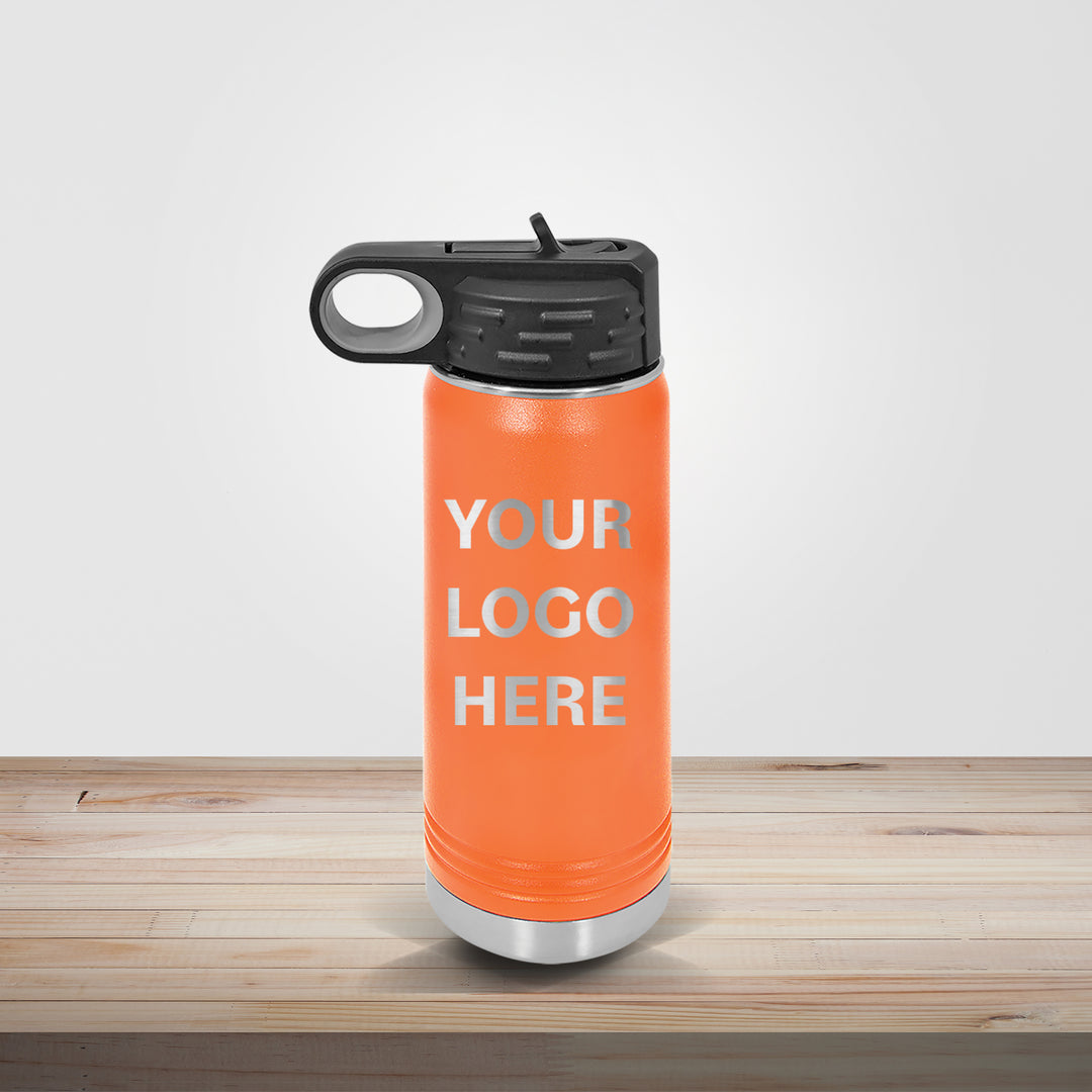 Orange Polar Camel insulated stainless steel water bottle customized for athletic teams, school events, and branded promotions, available in 20oz, 32oz, and 40oz