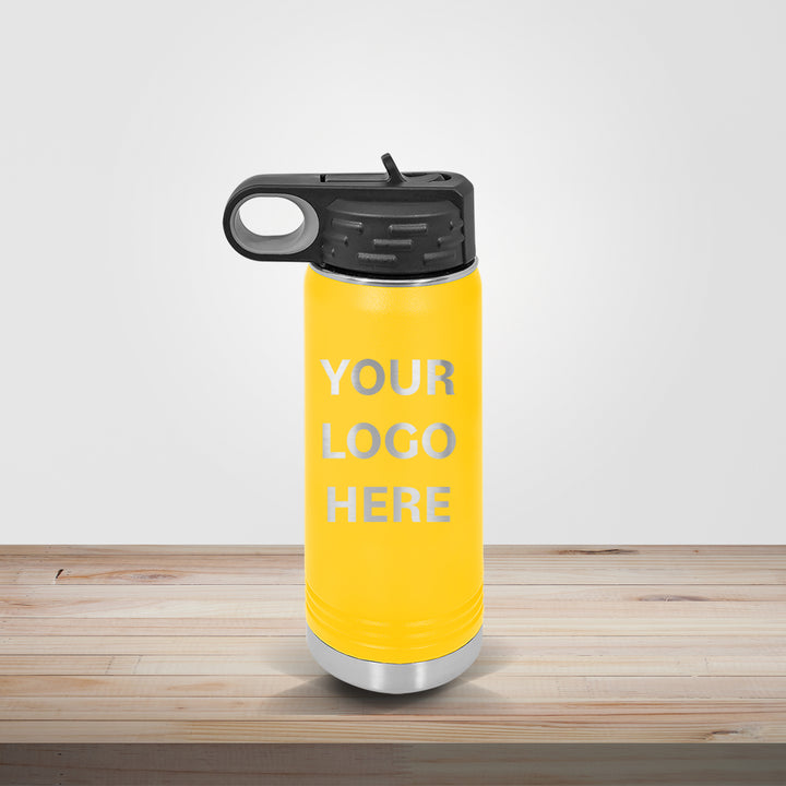 Yellow Polar Camel insulated stainless steel water bottle customized for team spirit, school branding, and marketing giveaways, available in 20oz, 32oz, and 40oz