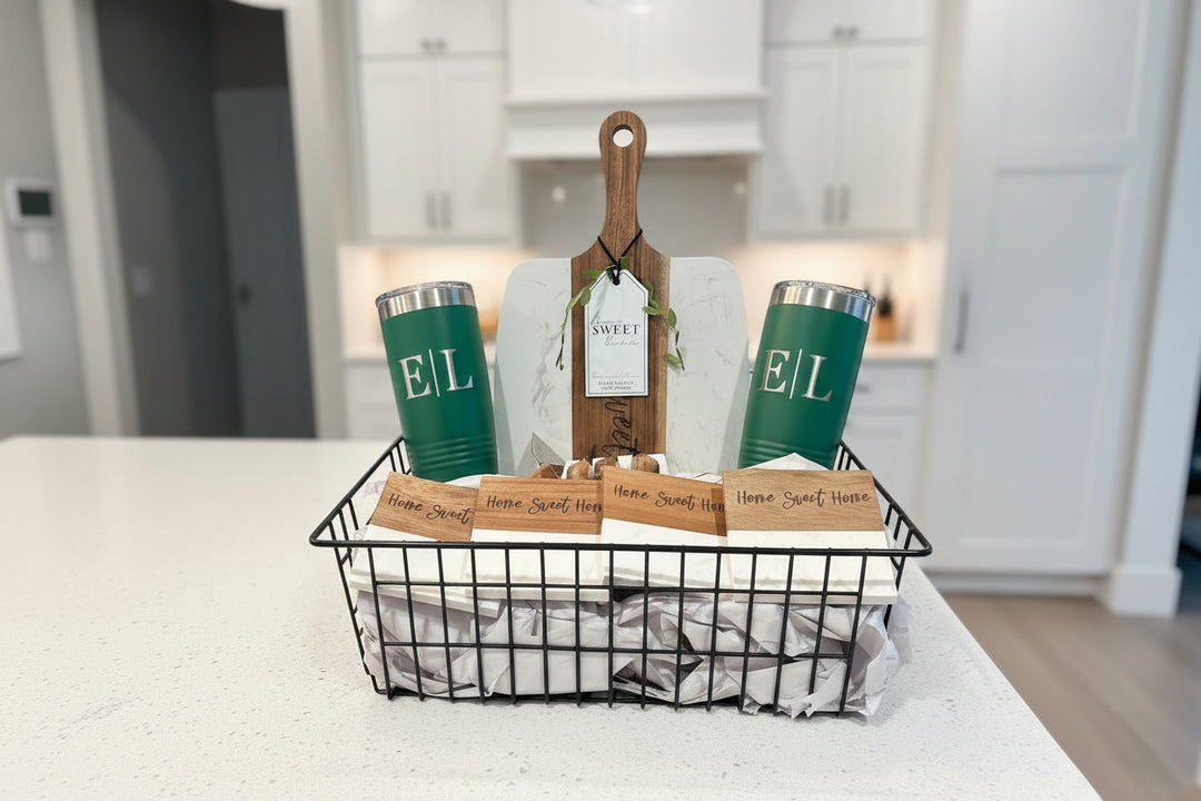 Custom Gift Basket Set Personalized Tumbler Collection Marble Coasters Set Real Estate Closing Present Wedding New Homeowner Welcome Package Luxury Kitchen Accessories Collection Black Wire Basket Design Premium Acacia Wood Elements Engraved Home