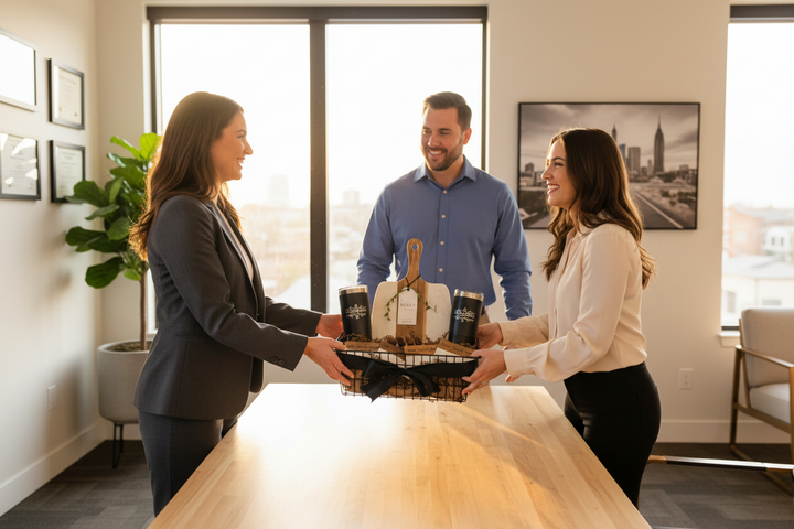 Real estate agent presenting custom closing gift basket with engraved charcuterie board, tumblers and coasters to home buyers