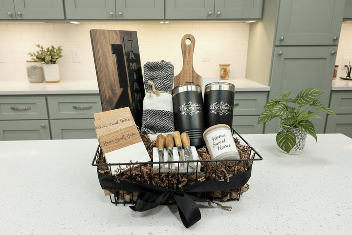 Personalized Housewarming Gift Basket Complete New Home Present Luxury Marble Cheese Board Set Custom Address Sign Engraved Coasters Insulated Tumblers Turkish Towel Scented Candle Ready To Give Package Beautiful Wire Basket Thoughtful Home