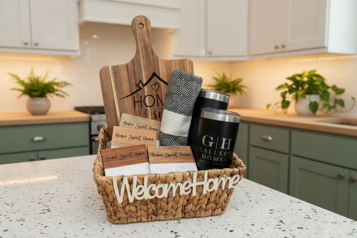 Realtor closing gift basket with engraved acacia charcuterie board, Home Sweet Home marble and wood coasters, Turkish towel, and custom tumbler for new homeowners.