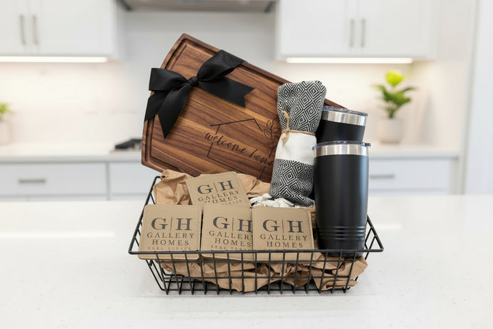 Realtor closing gift basket with custom engraved cutting board, insulated tumbler, and personalized client appreciation gift for new homeowners