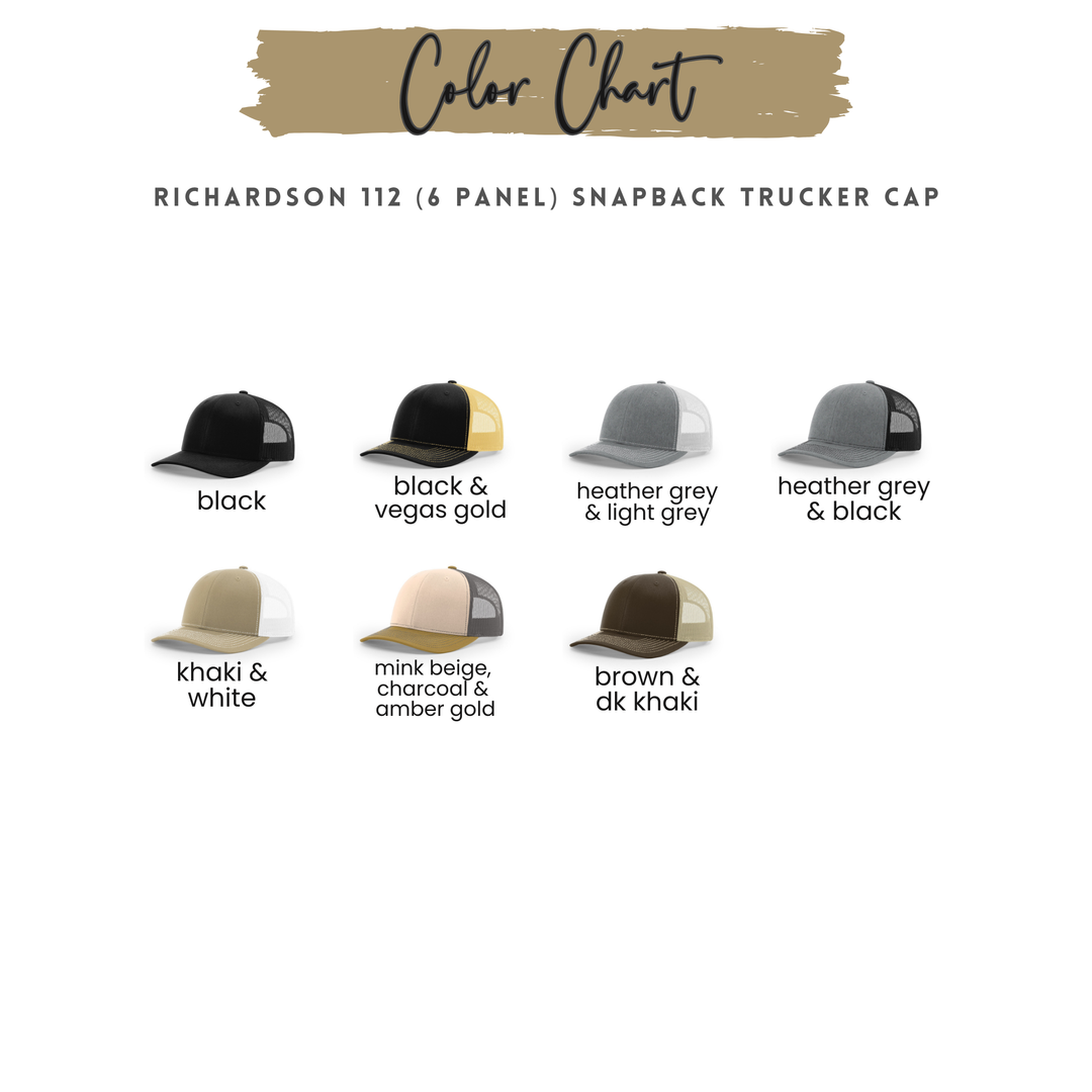 richardson 112 snapback trucker hat color chart showing multiple color combinations including black khaki heather grey and camo options for custom leather patch hats
