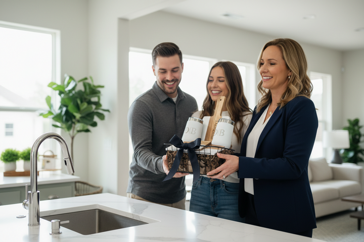 Signature closing gift basket with engraved marble and acacia charcuterie board, two personalized 16oz wine tumblers, and four engraved slate coasters in a decorative wire gift basket, perfect for realtor closing gifts, housewarming presents, and new homeowner celebrations.