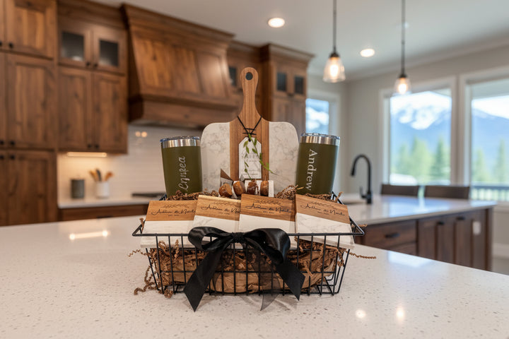 Personalized Signature Plus gift basket in a modern kitchen with olive green custom tumblers, marble and acacia wood board, and engraved coasters in a black wire basket.