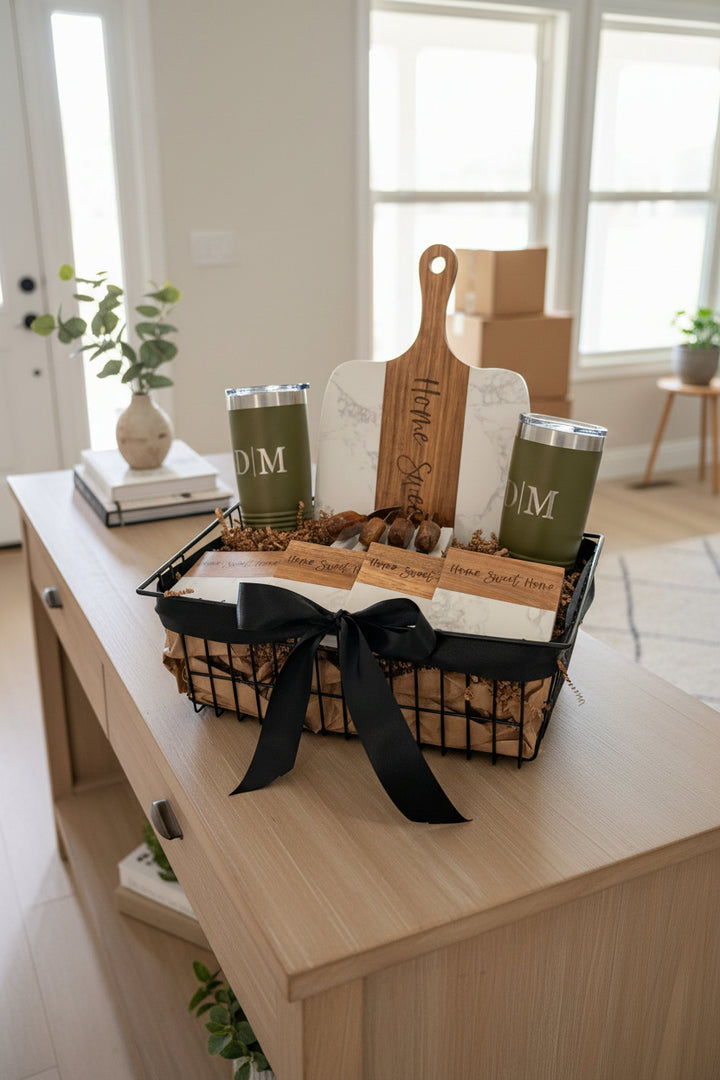Personalized Signature Plus gift basket with olive green tumblers and a custom engraved marble and acacia board, displayed on a wooden entryway console table with a large black ribbon.
