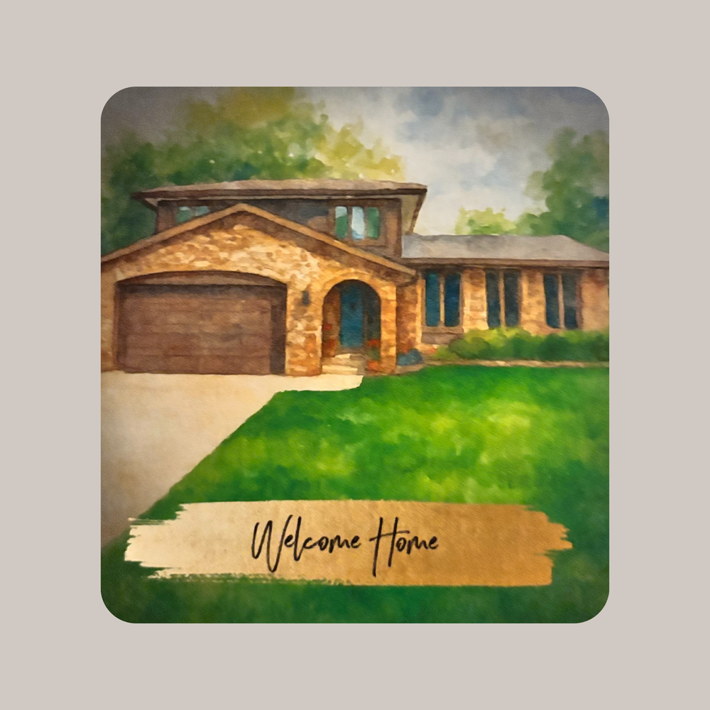 Absorbent ceramic coasters with watercolor house illustration, personalized gift for realtors and new homeowners by Blackwood Customs Co
