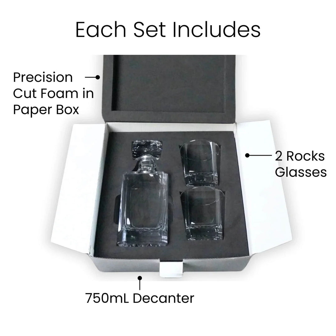 whiskey decanter set with two rocks glasses in white gift box with foam insert showing 750ml decanter and glass layout for gift set presentation