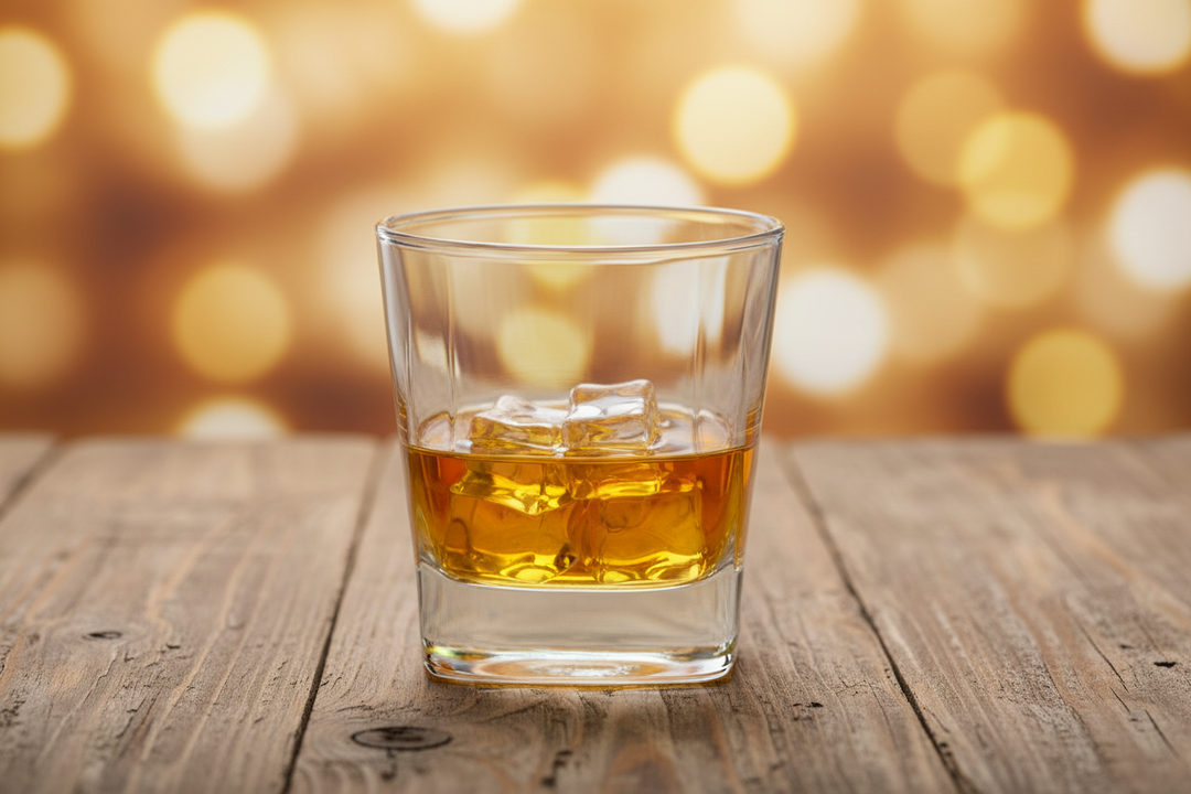 whiskey rocks glass with ice on wooden table with warm bar background, bourbon drink close up for barware and gift set